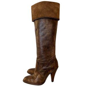 STEVE MADDEN Mottt Suede Cuff Tall Heeled Leather Boots 7 Herringbone Trim Knee